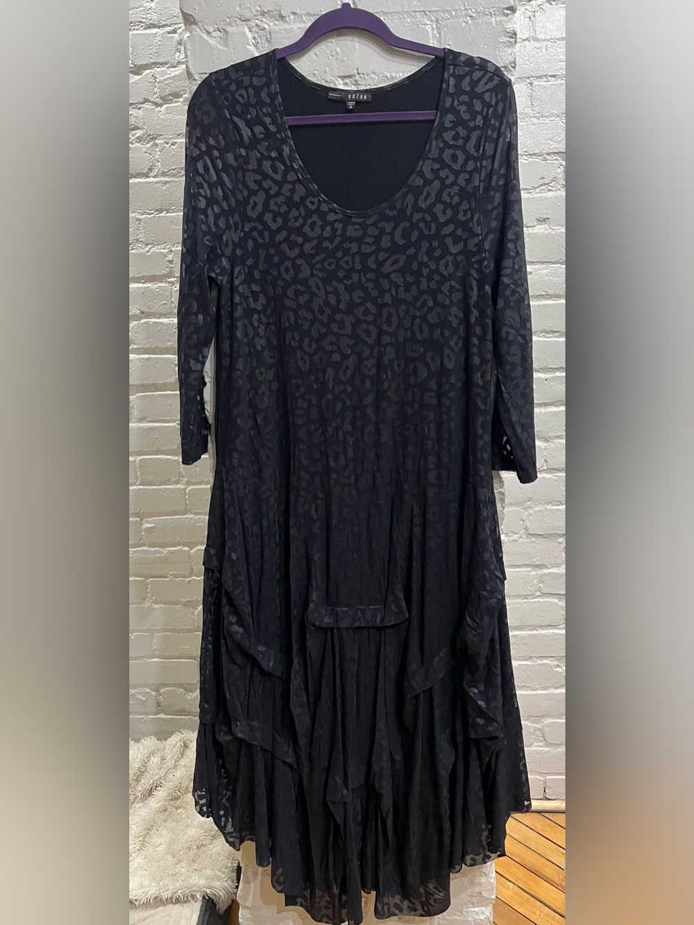 Kozan Lagenlook Sheer Lined Draped Leopard Print Hanky Hem Black Dress XL